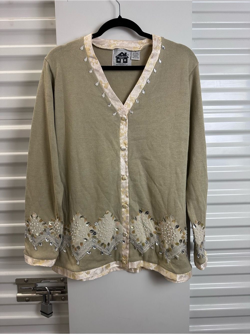 Storybook Knits Beige and Pale Gold Embroidered Cardigan